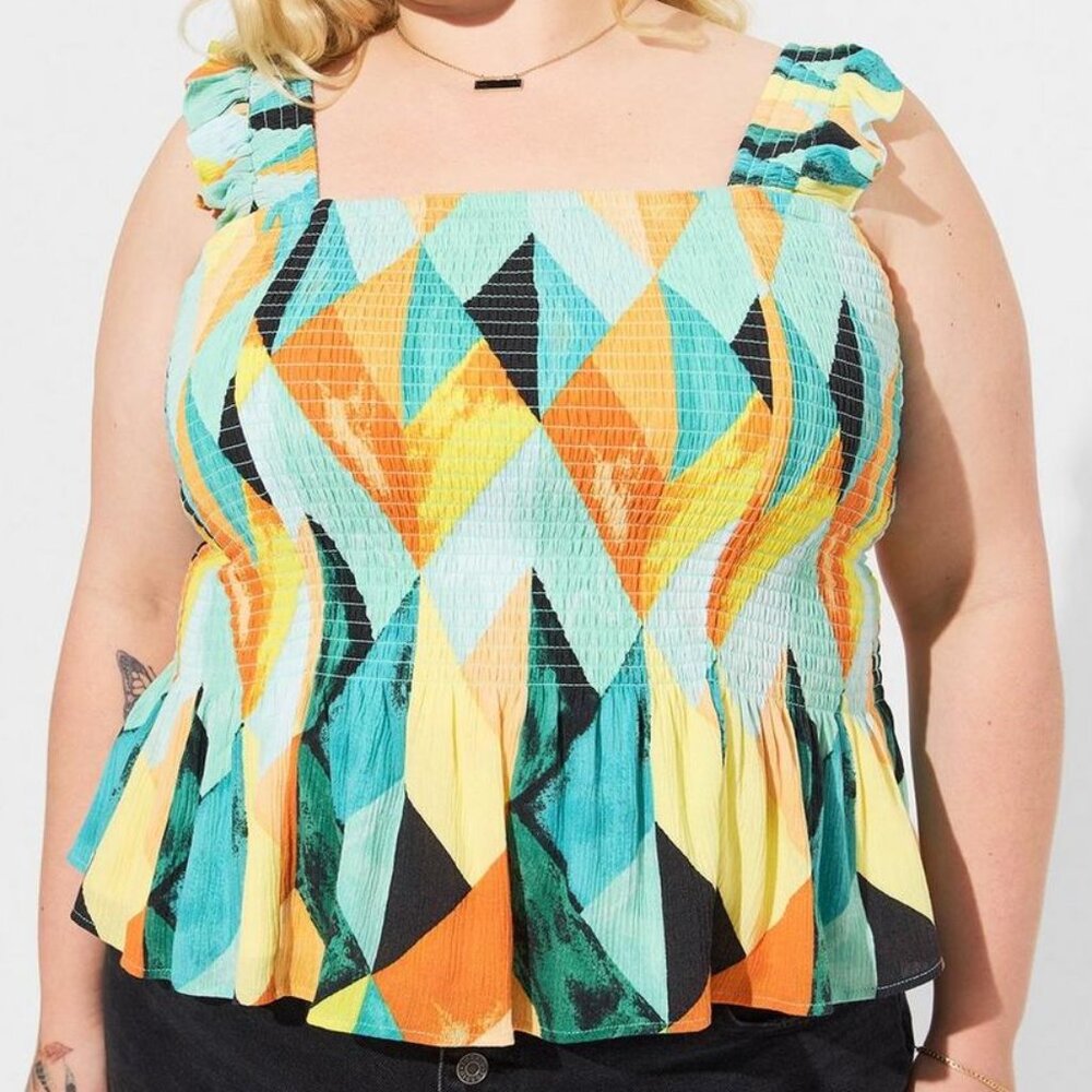 TORRID GOTH BOHO PEPLUM CRINKLE GAUZE MULTI COLOR SMOCKED TANK TOP 3 3X 22 24